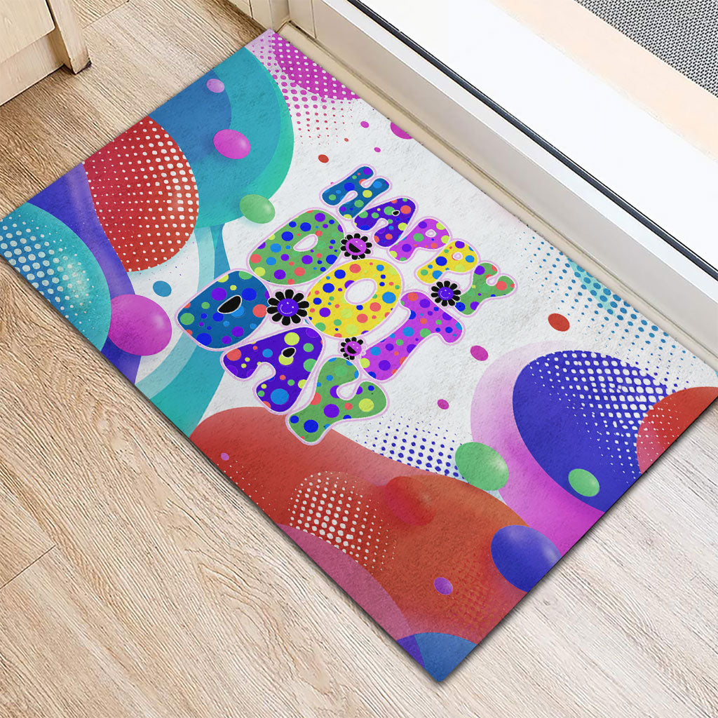 Happy Dot Day Rubber Doormat Colorful Swirling Polka Dots and Whimsical Smiley Flowers