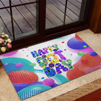 Happy Dot Day Rubber Doormat Colorful Swirling Polka Dots and Whimsical Smiley Flowers