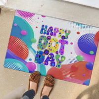 Happy Dot Day Rubber Doormat Colorful Swirling Polka Dots and Whimsical Smiley Flowers