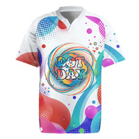 Happy Dot Day Rugby Jersey Colorful Swirling Polka Dots and Whimsical Smiley Flowers