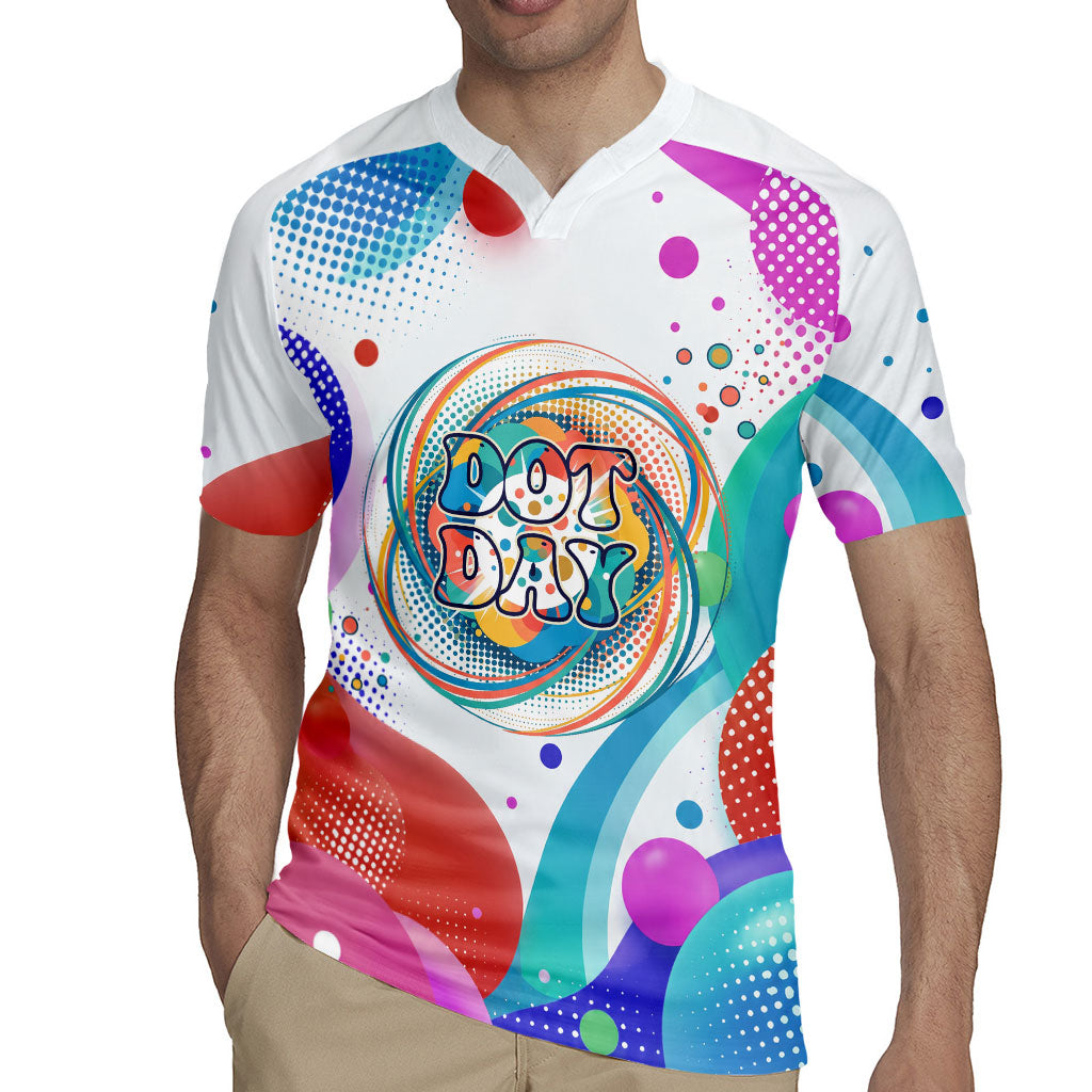 Happy Dot Day Rugby Jersey Colorful Swirling Polka Dots and Whimsical Smiley Flowers