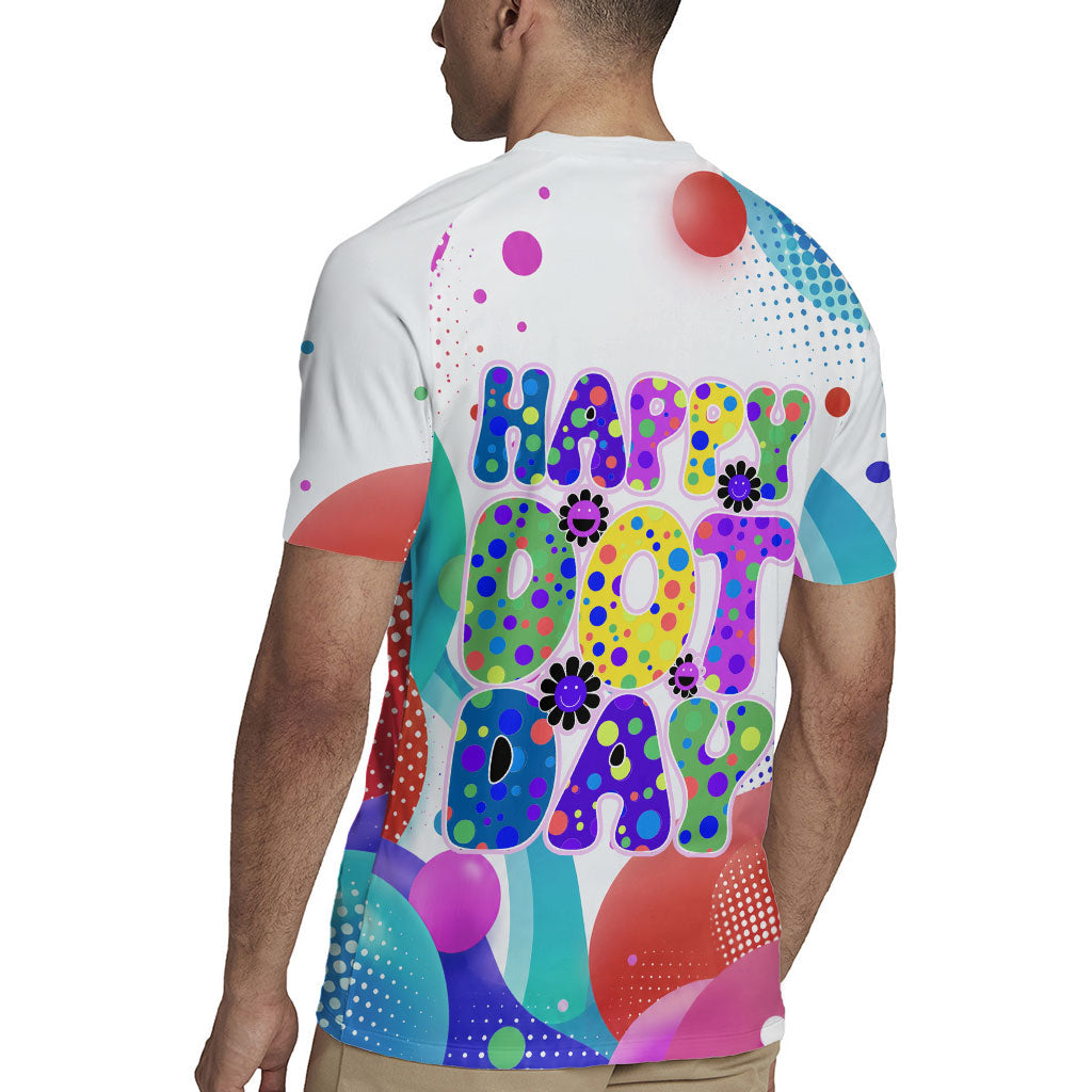 Happy Dot Day Rugby Jersey Colorful Swirling Polka Dots and Whimsical Smiley Flowers