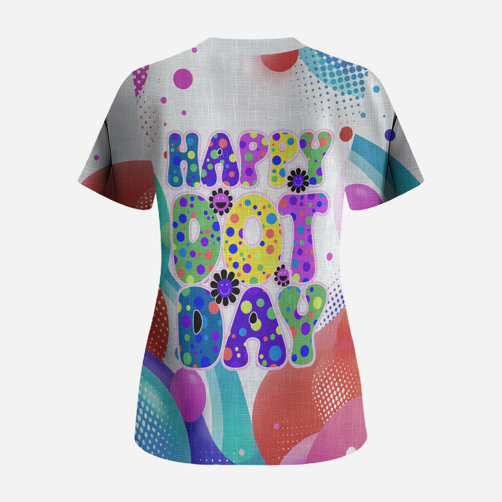 Happy Dot Day Scrub Top Colorful Swirling Polka Dots and Whimsical Smiley Flowers
