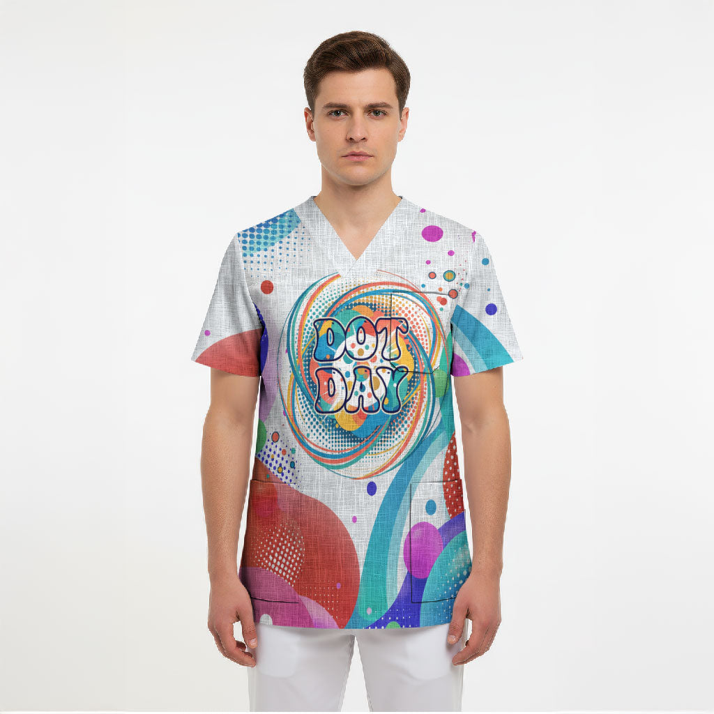 Happy Dot Day Scrub Top Colorful Swirling Polka Dots and Whimsical Smiley Flowers