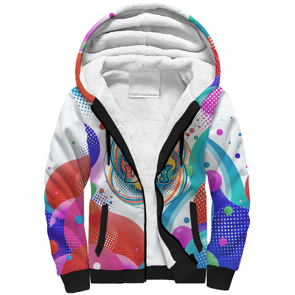 Happy Dot Day Sherpa Hoodie Colorful Swirling Polka Dots and Whimsical Smiley Flowers