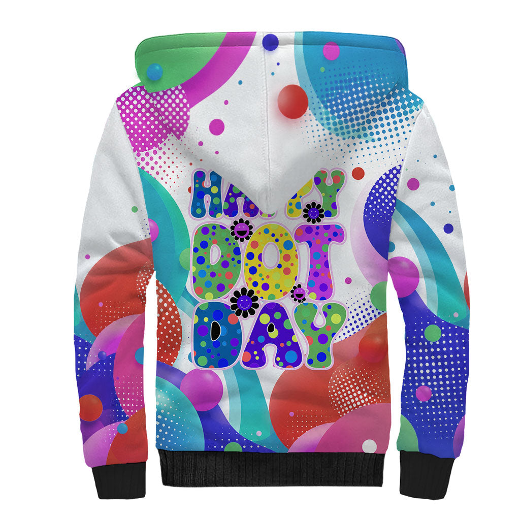 Happy Dot Day Sherpa Hoodie Colorful Swirling Polka Dots and Whimsical Smiley Flowers