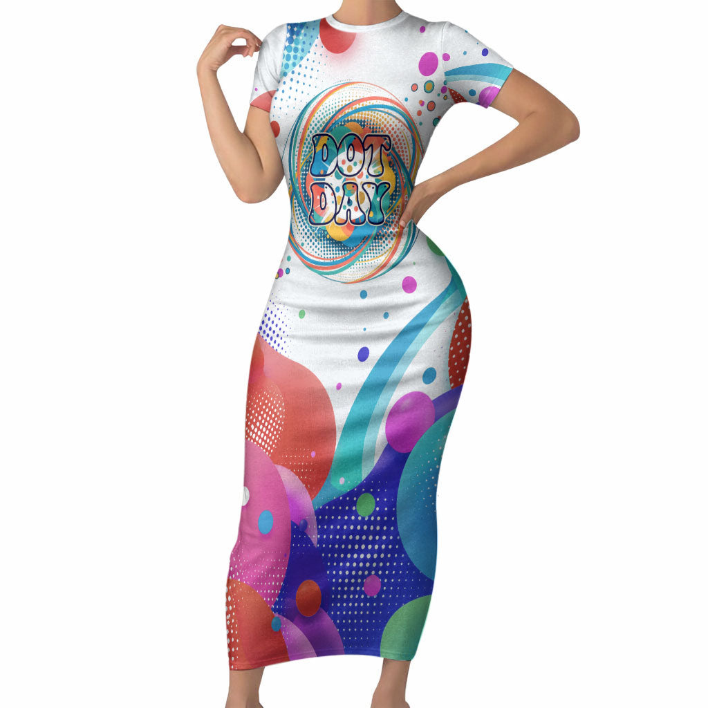 Happy Dot Day Short Sleeve Bodycon Dress Colorful Swirling Polka Dots and Whimsical Smiley Flowers