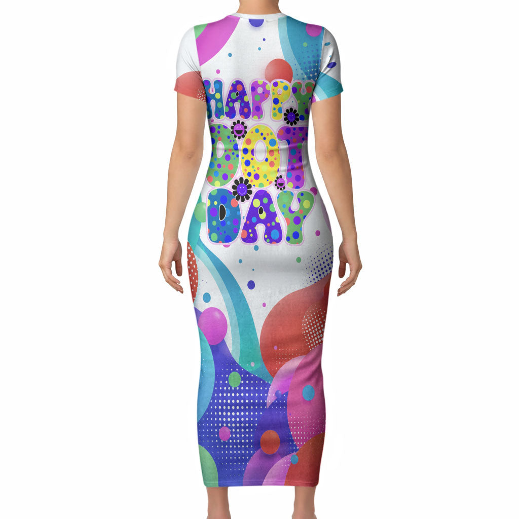 Happy Dot Day Short Sleeve Bodycon Dress Colorful Swirling Polka Dots and Whimsical Smiley Flowers