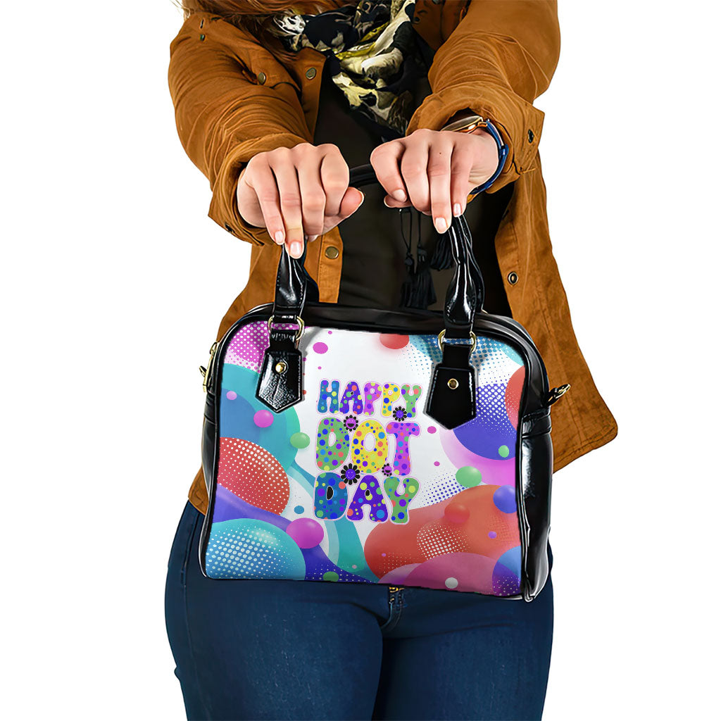 Happy Dot Day Shoulder Handbag Colorful Swirling Polka Dots and Whimsical Smiley Flowers