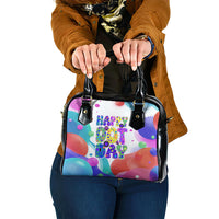 Happy Dot Day Shoulder Handbag Colorful Swirling Polka Dots and Whimsical Smiley Flowers