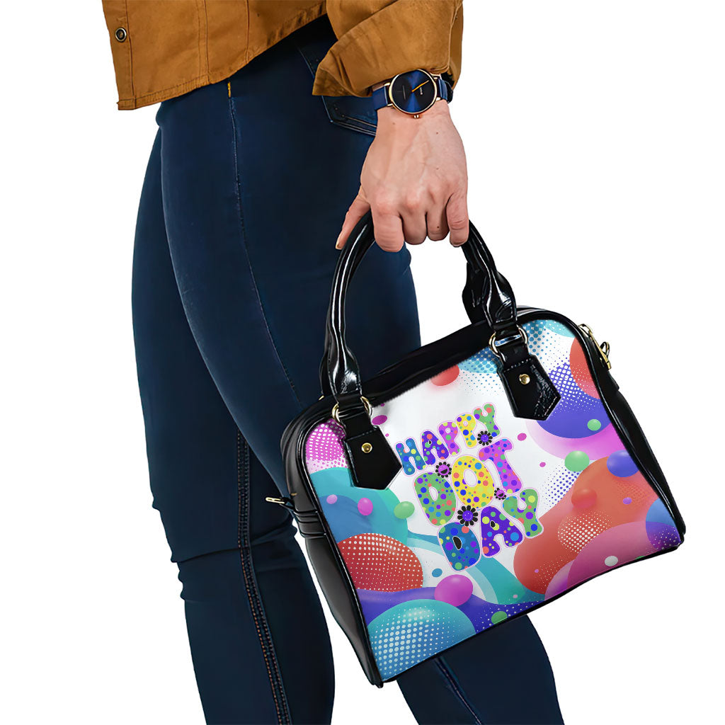 Happy Dot Day Shoulder Handbag Colorful Swirling Polka Dots and Whimsical Smiley Flowers