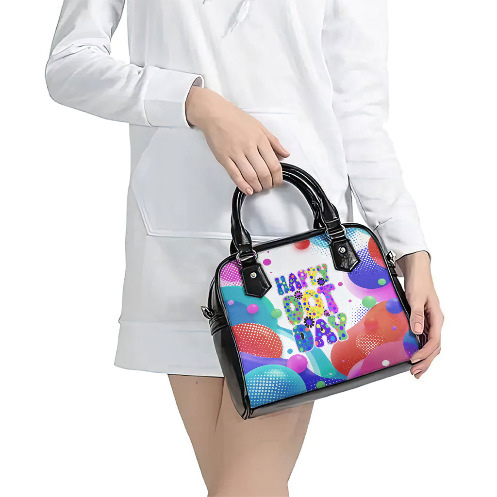 Happy Dot Day Shoulder Handbag Colorful Swirling Polka Dots and Whimsical Smiley Flowers