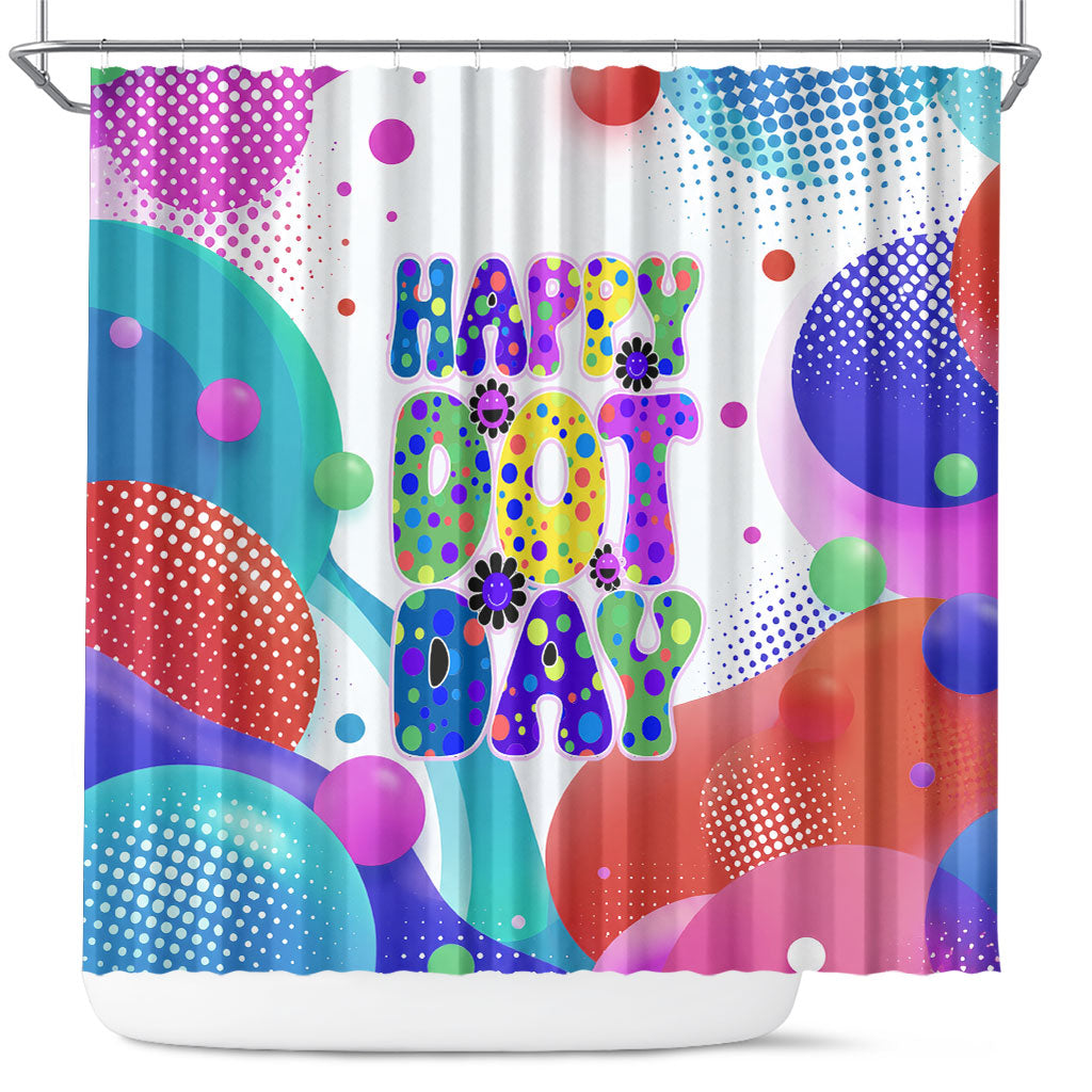 Happy Dot Day Shower Curtain Colorful Swirling Polka Dots and Whimsical Smiley Flowers