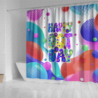 Happy Dot Day Shower Curtain Colorful Swirling Polka Dots and Whimsical Smiley Flowers