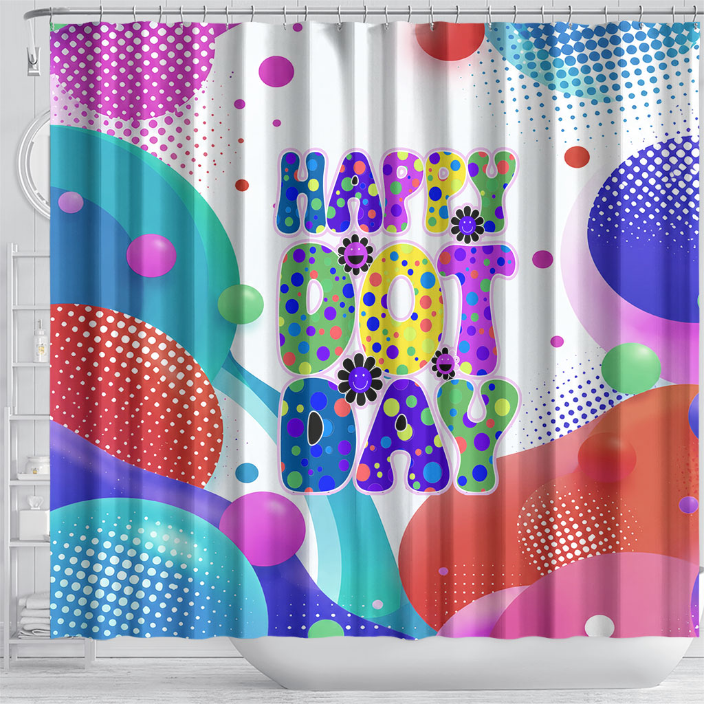 Happy Dot Day Shower Curtain Colorful Swirling Polka Dots and Whimsical Smiley Flowers