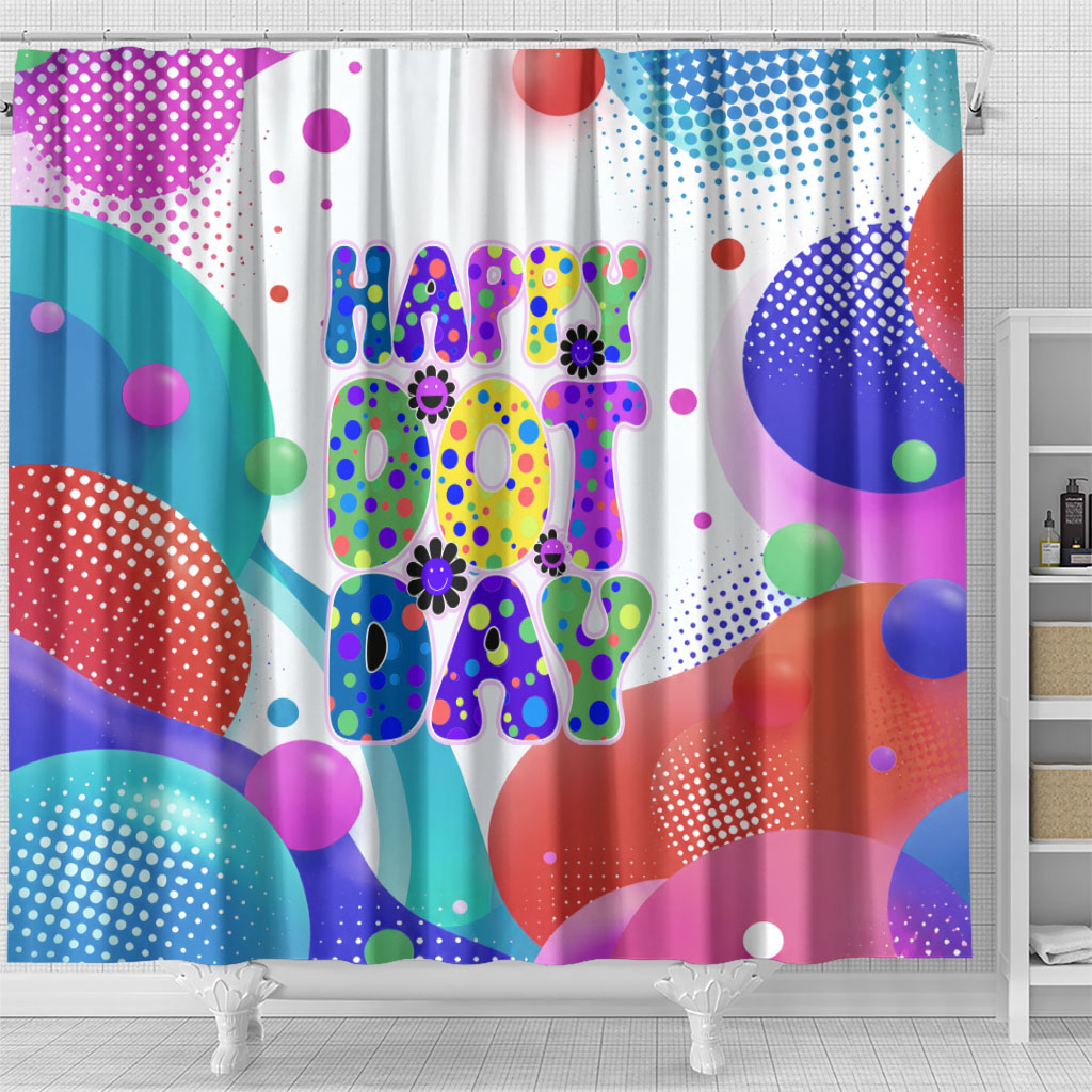 Happy Dot Day Shower Curtain Colorful Swirling Polka Dots and Whimsical Smiley Flowers