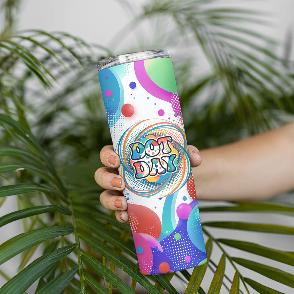 Happy Dot Day Skinny Tumbler Colorful Swirling Polka Dots and Whimsical Smiley Flowers