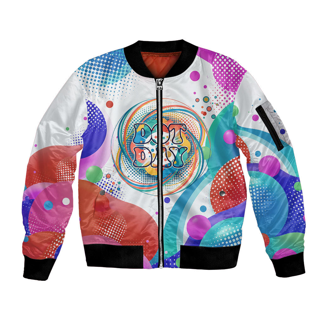Happy Dot Day Sleeve Zip Bomber Jacket Colorful Swirling Polka Dots and Whimsical Smiley Flowers