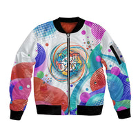 Happy Dot Day Sleeve Zip Bomber Jacket Colorful Swirling Polka Dots and Whimsical Smiley Flowers