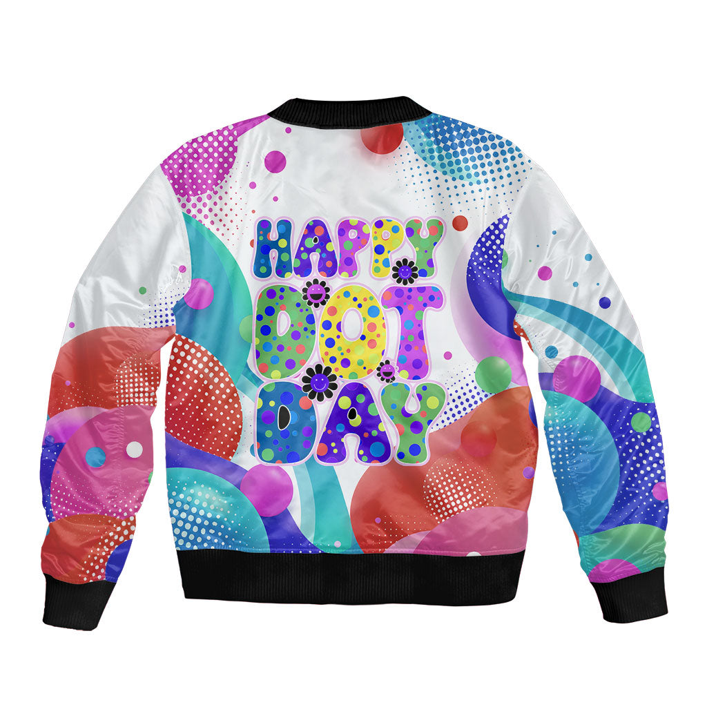 Happy Dot Day Sleeve Zip Bomber Jacket Colorful Swirling Polka Dots and Whimsical Smiley Flowers