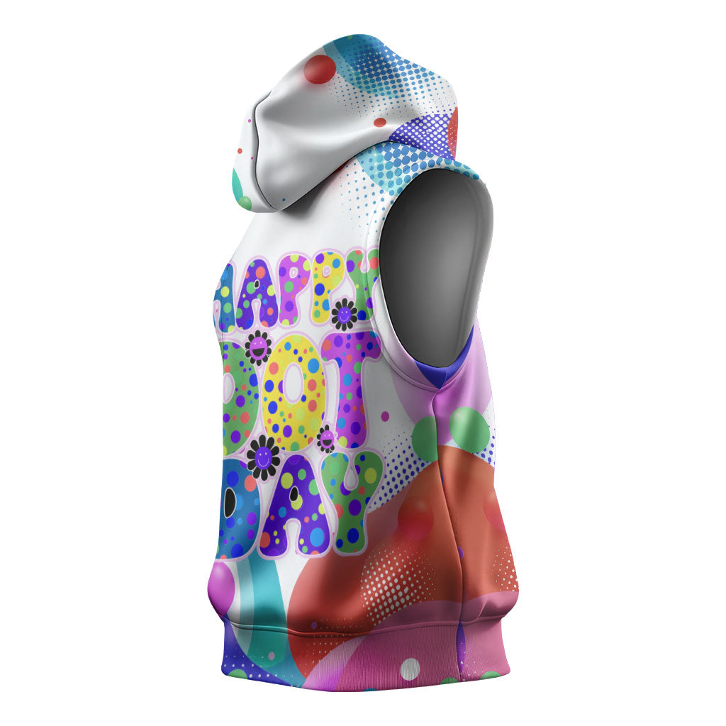 Happy Dot Day Sleeveless Hoodie Colorful Swirling Polka Dots and Whimsical Smiley Flowers