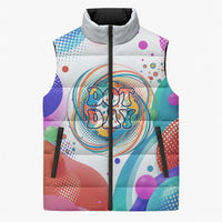 Happy Dot Day Sleeveless Puffer Jacket Colorful Swirling Polka Dots and Whimsical Smiley Flowers