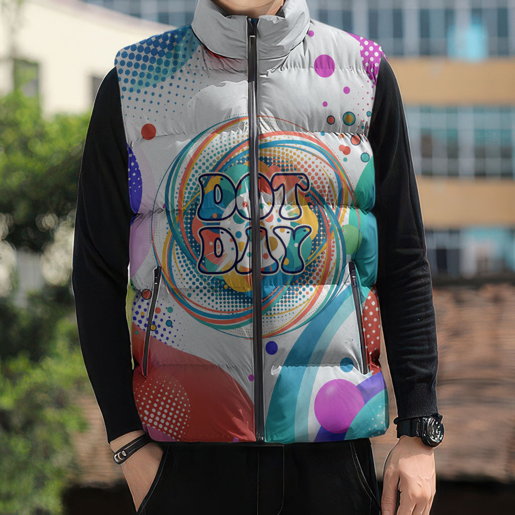 Happy Dot Day Sleeveless Puffer Jacket Colorful Swirling Polka Dots and Whimsical Smiley Flowers