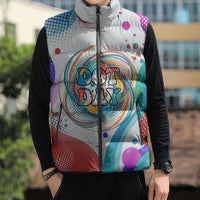 Happy Dot Day Sleeveless Puffer Jacket Colorful Swirling Polka Dots and Whimsical Smiley Flowers
