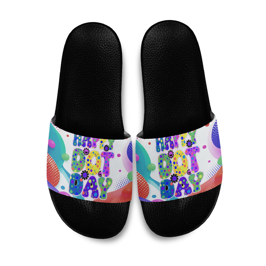 Happy Dot Day Slide Sandals Colorful Swirling Polka Dots and Whimsical Smiley Flowers