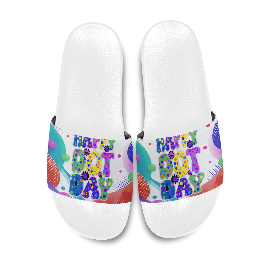 Happy Dot Day Slide Sandals Colorful Swirling Polka Dots and Whimsical Smiley Flowers