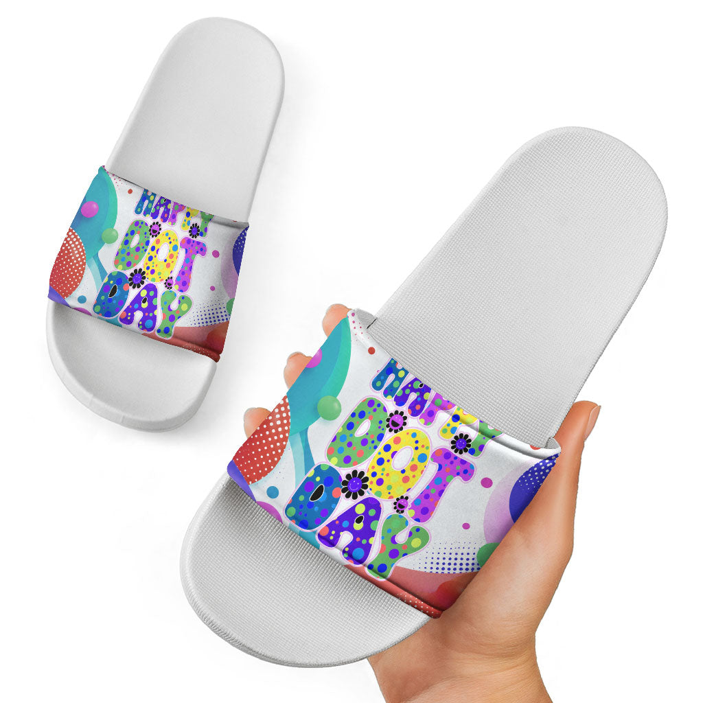 Happy Dot Day Slide Sandals Colorful Swirling Polka Dots and Whimsical Smiley Flowers