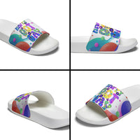 Happy Dot Day Slide Sandals Colorful Swirling Polka Dots and Whimsical Smiley Flowers