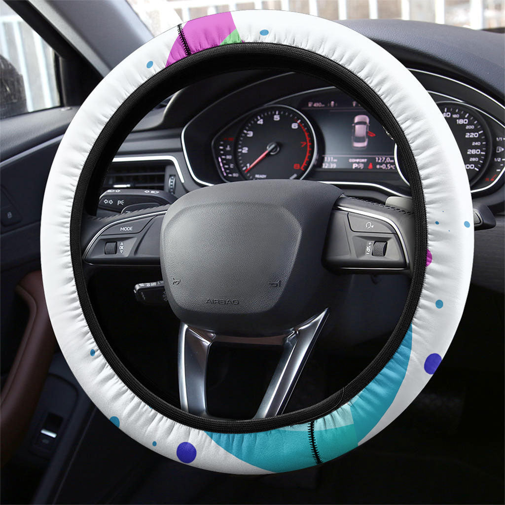 Happy Dot Day Steering Wheel Cover Colorful Swirling Polka Dots and Whimsical Smiley Flowers