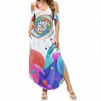 Happy Dot Day Summer Maxi Dress Colorful Swirling Polka Dots and Whimsical Smiley Flowers