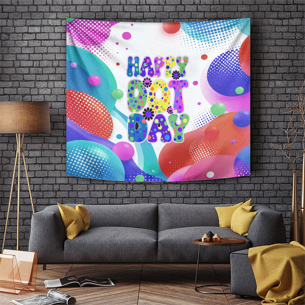 Happy Dot Day Tapestry Colorful Swirling Polka Dots and Whimsical Smiley Flowers