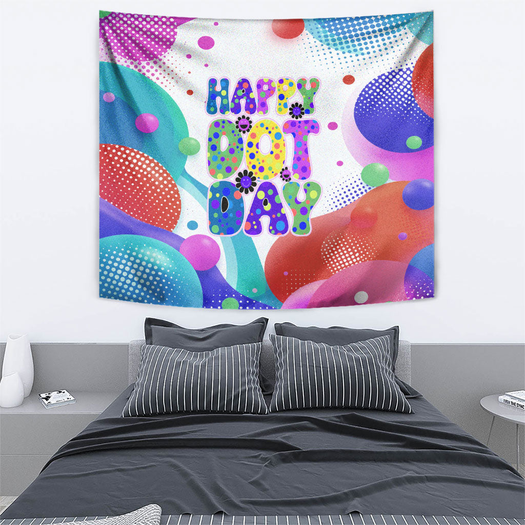 Happy Dot Day Tapestry Colorful Swirling Polka Dots and Whimsical Smiley Flowers