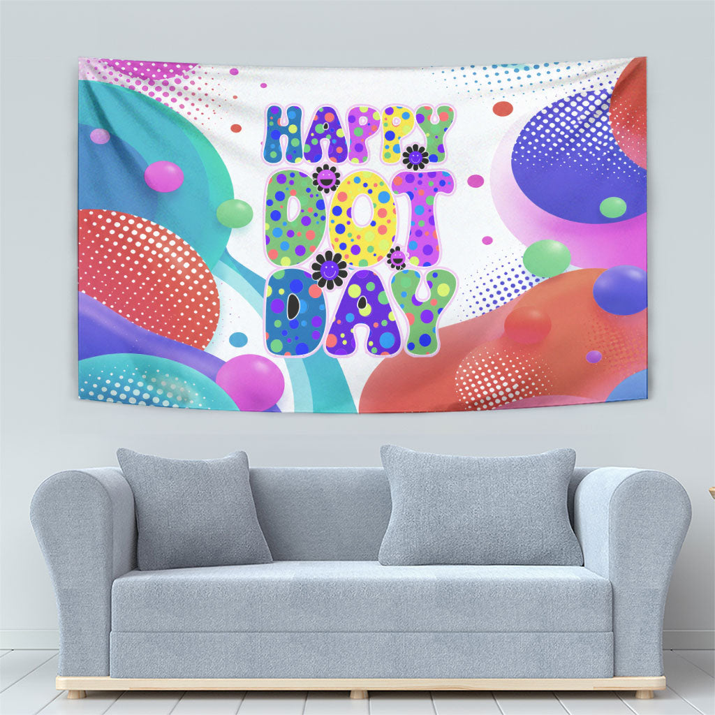 Happy Dot Day Tapestry Colorful Swirling Polka Dots and Whimsical Smiley Flowers