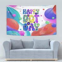Happy Dot Day Tapestry Colorful Swirling Polka Dots and Whimsical Smiley Flowers