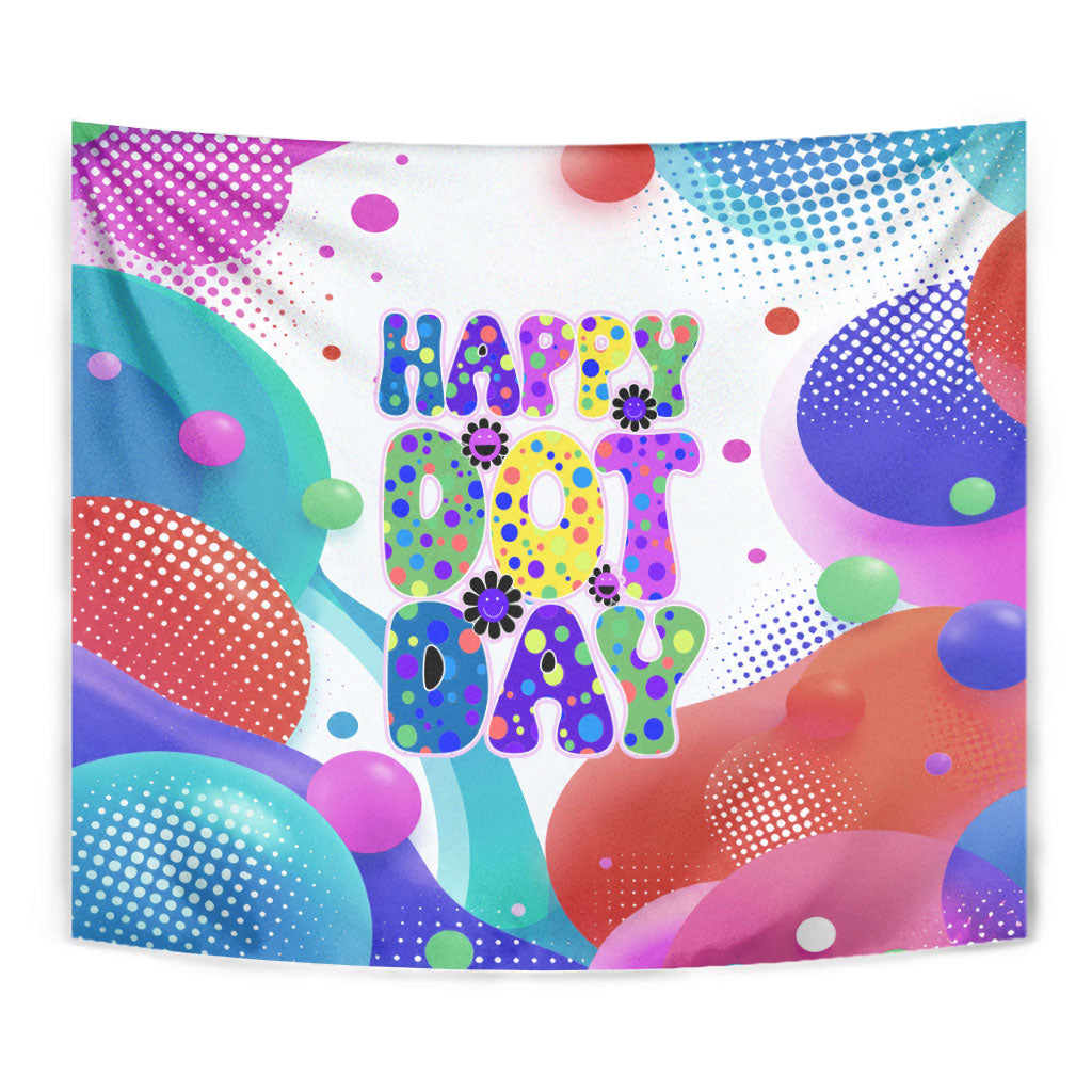 Happy Dot Day Tapestry Colorful Swirling Polka Dots and Whimsical Smiley Flowers