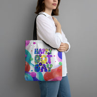 Happy Dot Day Tote Bag Colorful Swirling Polka Dots and Whimsical Smiley Flowers
