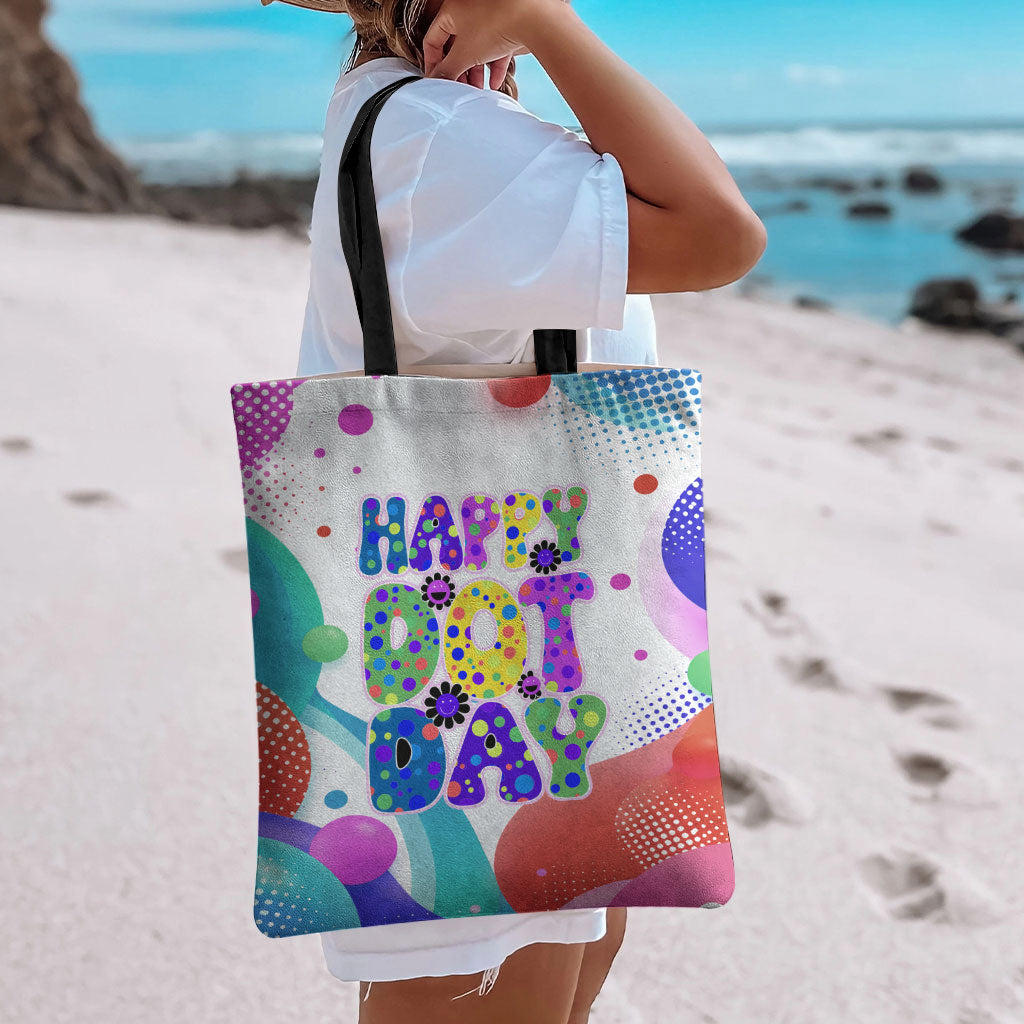 Happy Dot Day Tote Bag Colorful Swirling Polka Dots and Whimsical Smiley Flowers