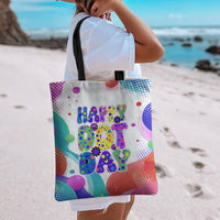 Happy Dot Day Tote Bag Colorful Swirling Polka Dots and Whimsical Smiley Flowers