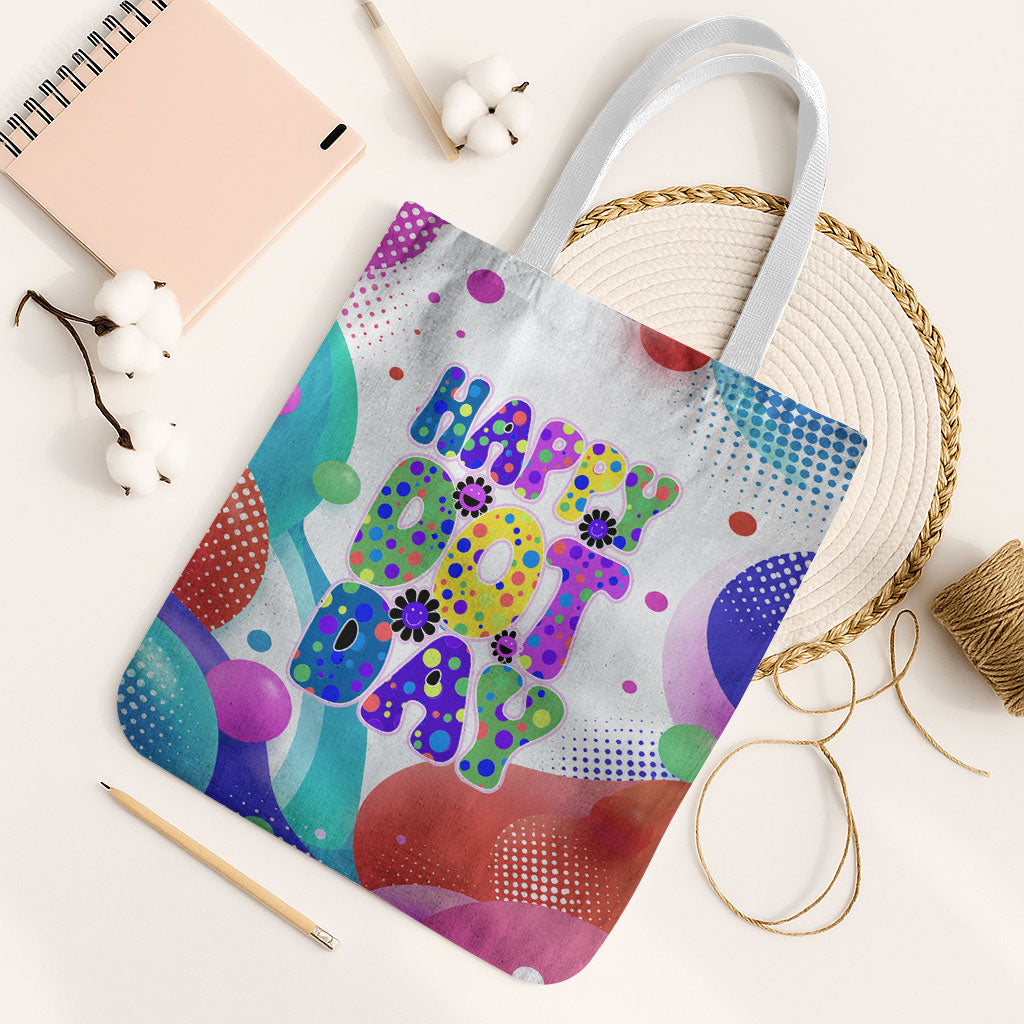 Happy Dot Day Tote Bag Colorful Swirling Polka Dots and Whimsical Smiley Flowers