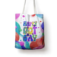 Happy Dot Day Tote Bag Colorful Swirling Polka Dots and Whimsical Smiley Flowers