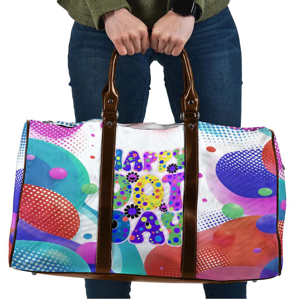 Happy Dot Day Travel Bag Colorful Swirling Polka Dots and Whimsical Smiley Flowers