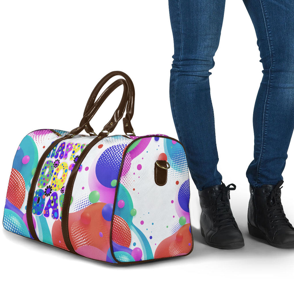 Happy Dot Day Travel Bag Colorful Swirling Polka Dots and Whimsical Smiley Flowers