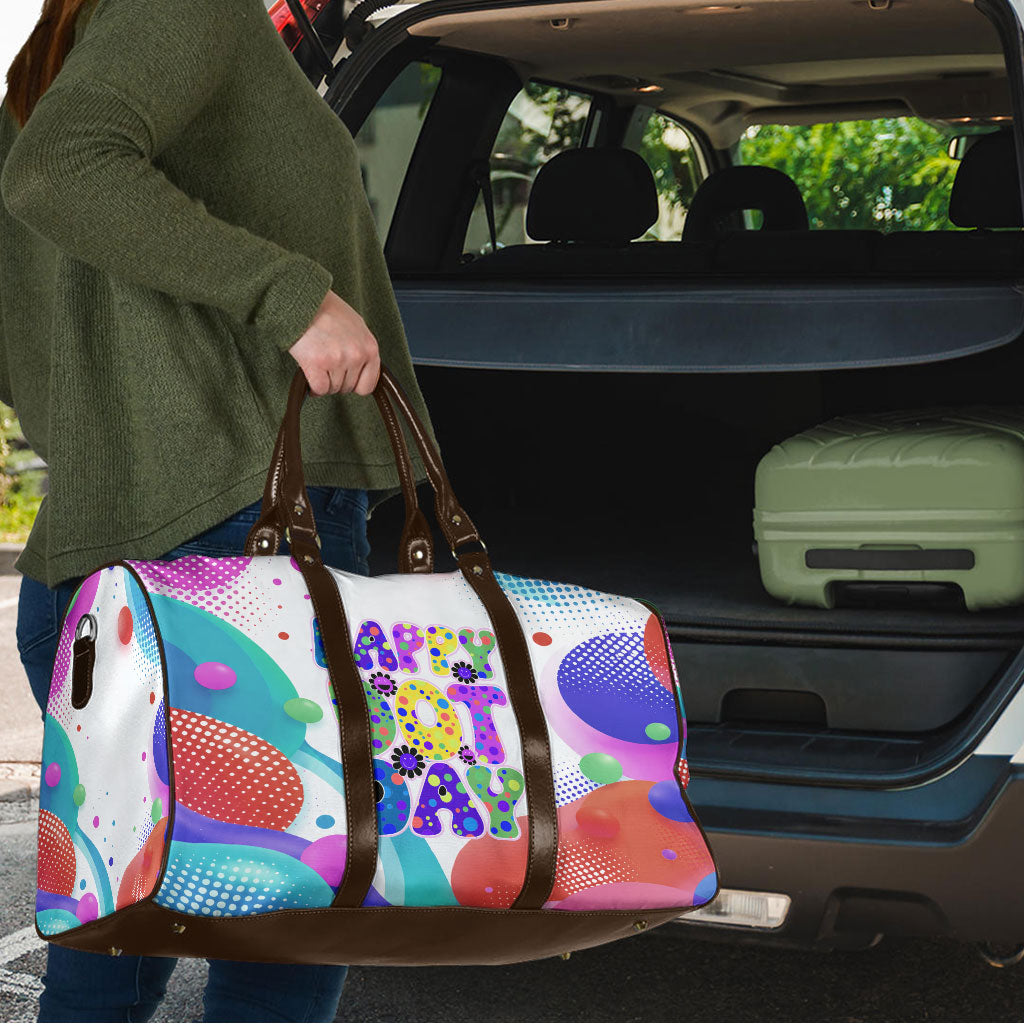 Happy Dot Day Travel Bag Colorful Swirling Polka Dots and Whimsical Smiley Flowers
