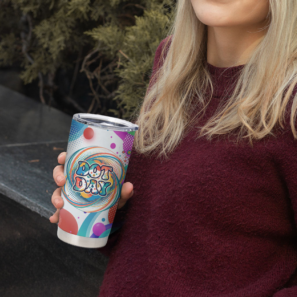 Happy Dot Day Tumbler Cup Colorful Swirling Polka Dots and Whimsical Smiley Flowers