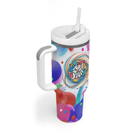 Happy Dot Day Tumbler With Handle Colorful Swirling Polka Dots and Whimsical Smiley Flowers