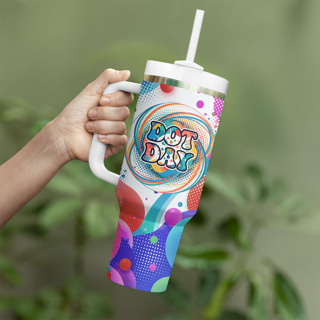 Happy Dot Day Tumbler With Handle Colorful Swirling Polka Dots and Whimsical Smiley Flowers